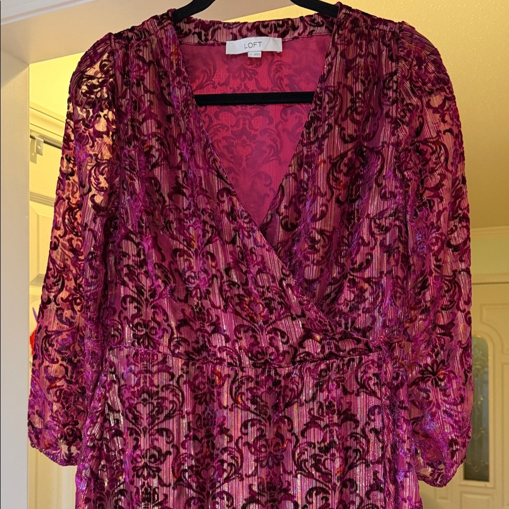 LOFT Magenta Floral Velvet Wrap Dress